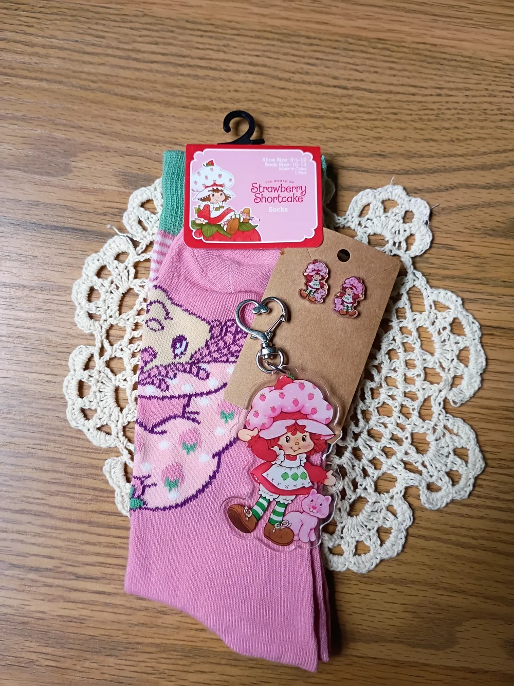 Pink Socks, Keychain And Earrings Set